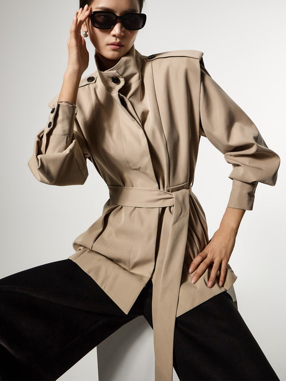 J3168 High-Neck Trench Jacket with Belt