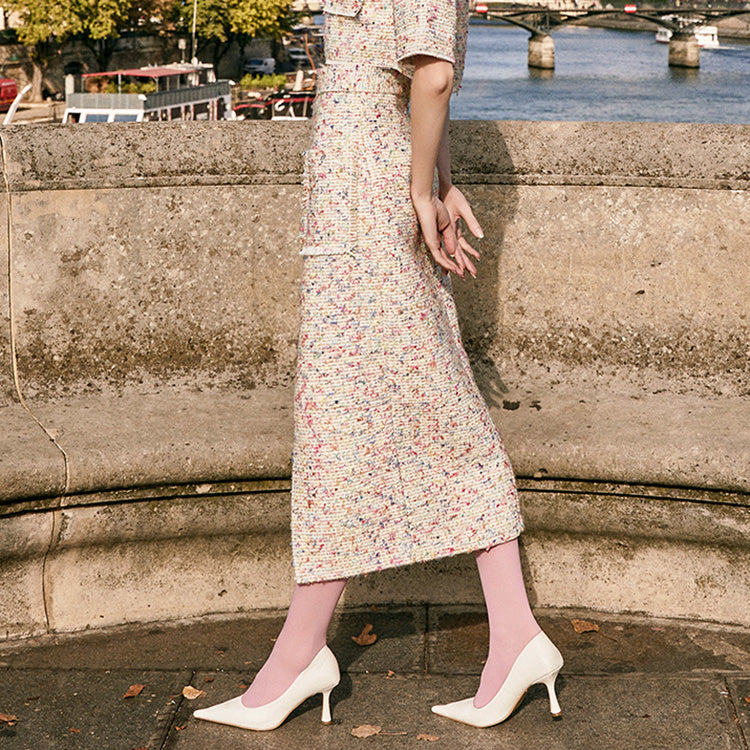 SK9217 Tweed Pocket Slit Midi Skirt