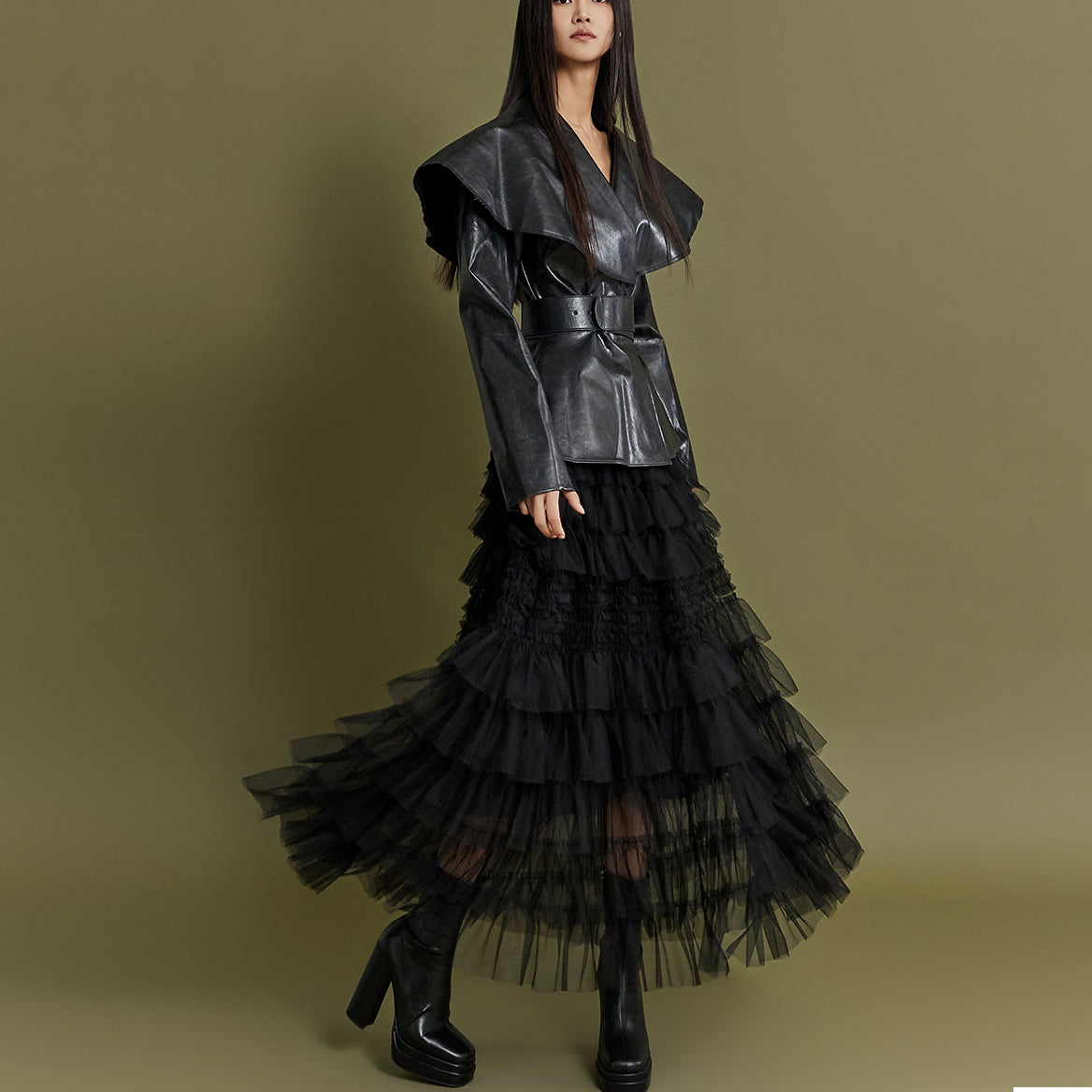 SK2637 Tulle Tiered Elastic Waist Long Skirt