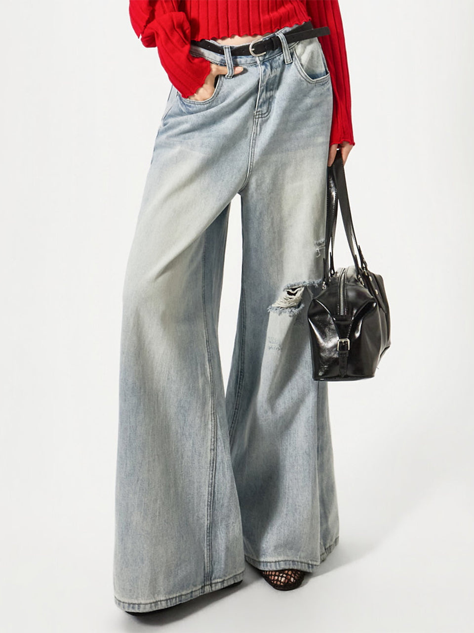 PJ638 Damaged Wash Wide Jeans