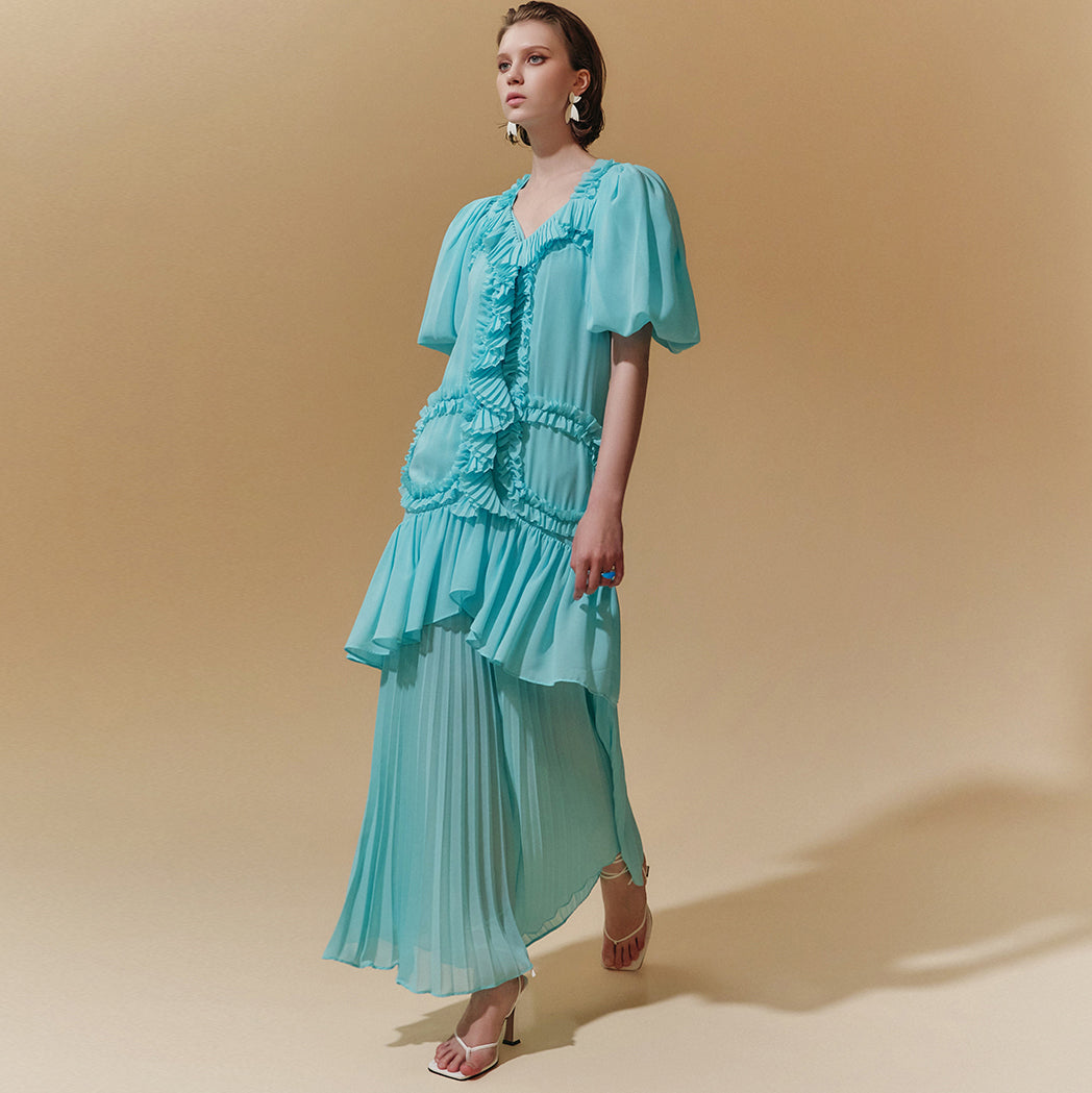 D9383 Frill Pleated Dress