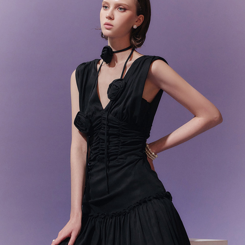 D4701 V-neck Sleeveless Dress(NECKLACE SET)