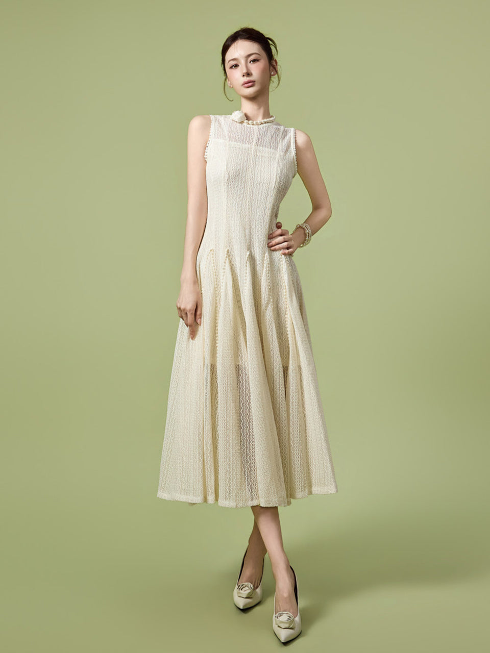 D5589 Sheer Lace Flare Dress