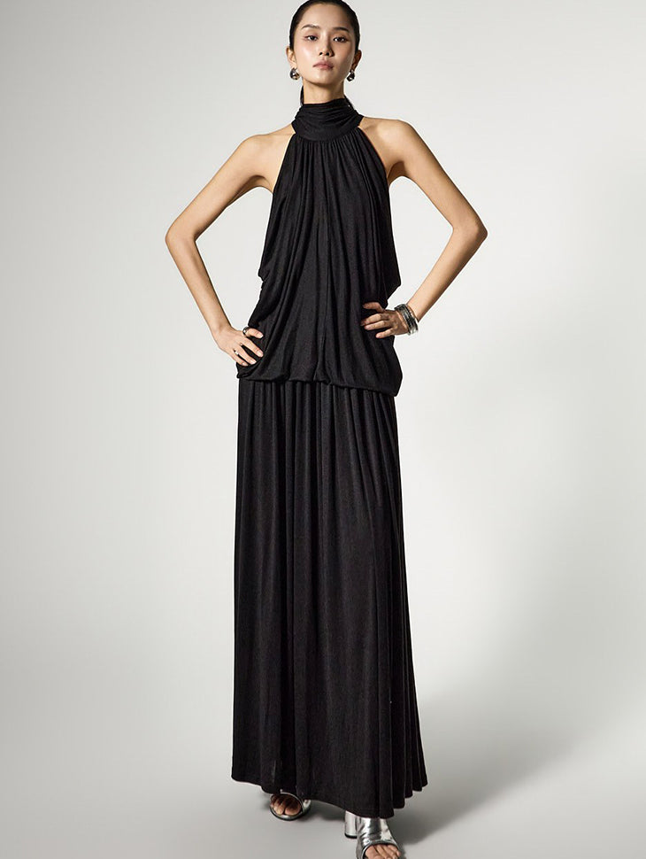 D5501 Halter Neck Shirred Dress