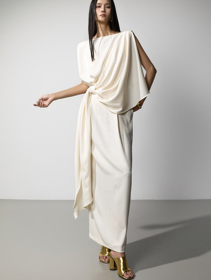 D9632 Boat Neck Draped Dress