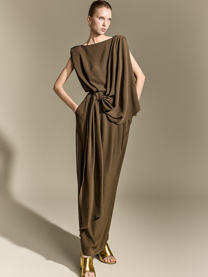 D9632 Boat Neck Draped Dress