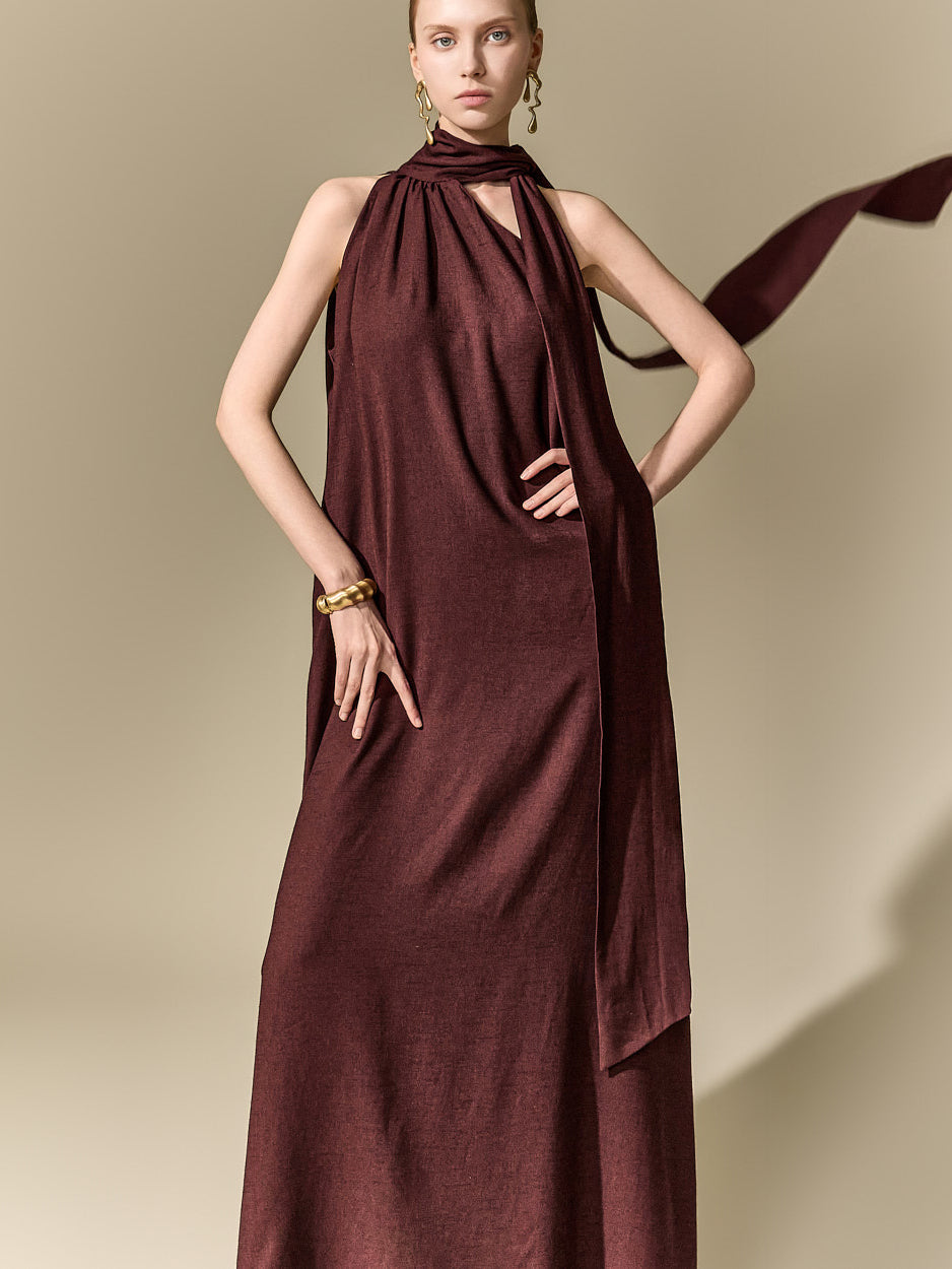 D9630 Scarf Halter Neck Dress