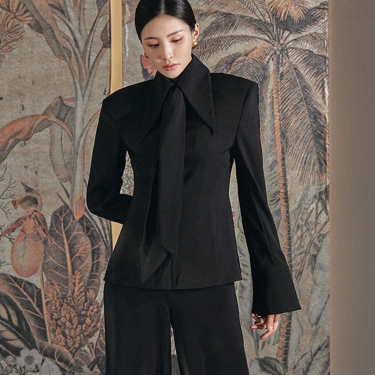 B9139 Button Shoulder Pad Blouse(Scarf Set)