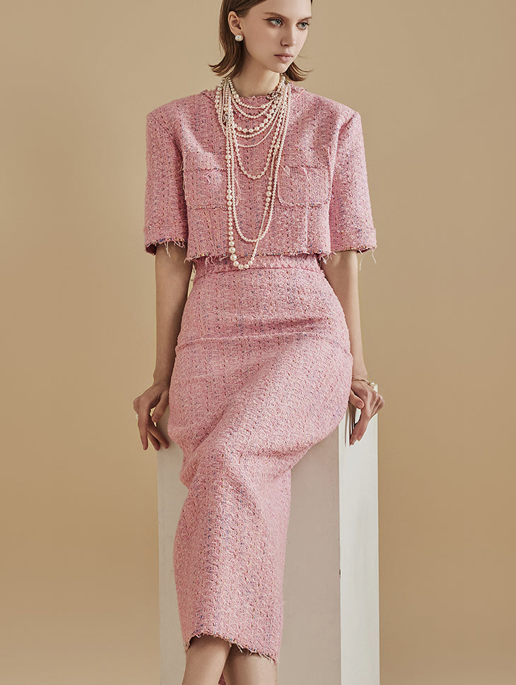 TP9116 Pastel Tweed Crop Blouse Two-piece Set