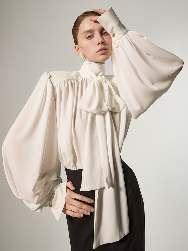 B9213 High-Neck Tie Drape Blouse