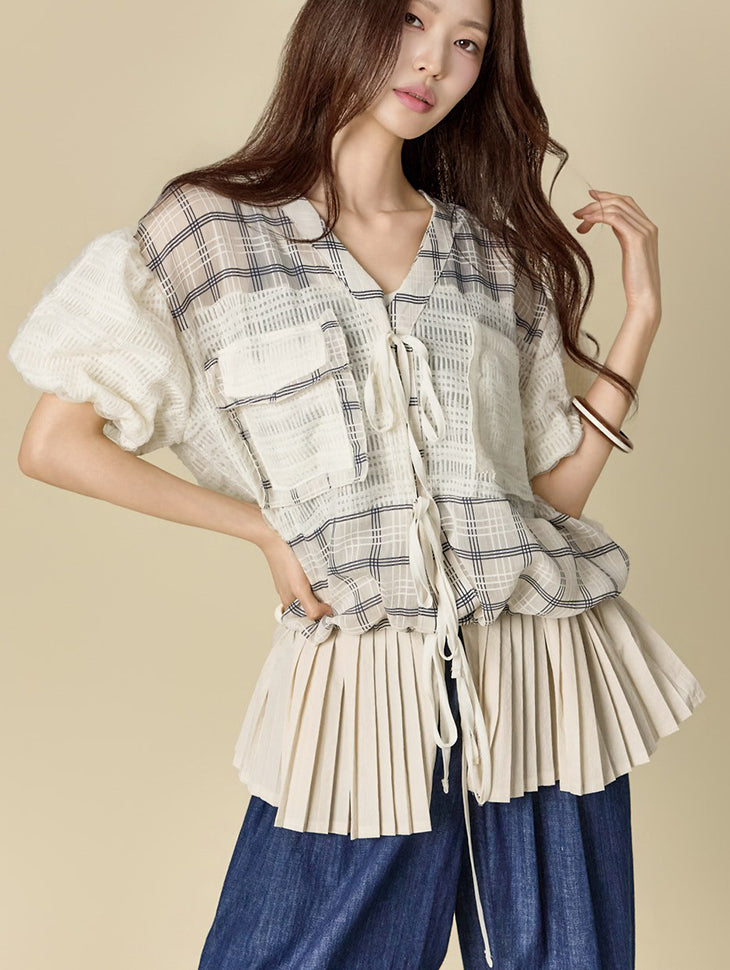 B3191 Check Contrast Layered Blouse