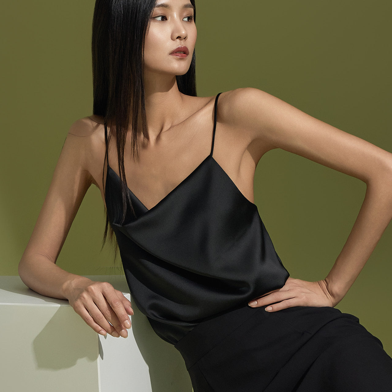 E3307 Satin Cowl Neck Sleeveless Top