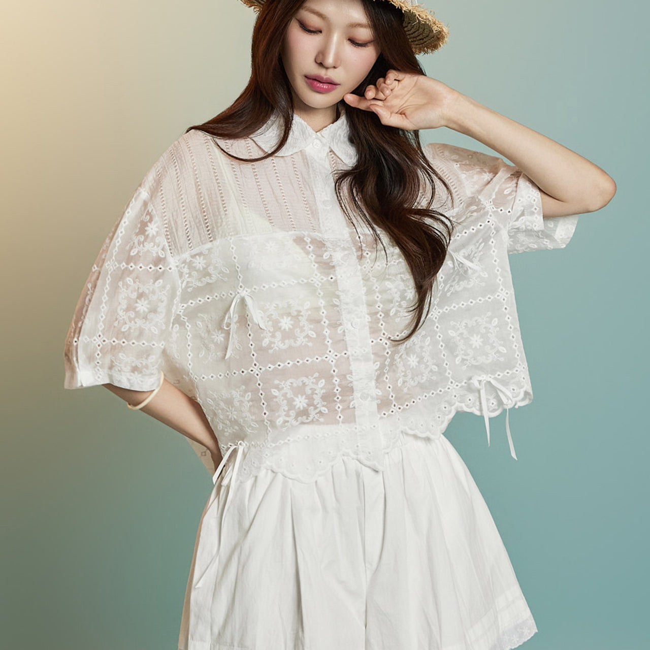 B3115 Sheer Embroidered Blouse