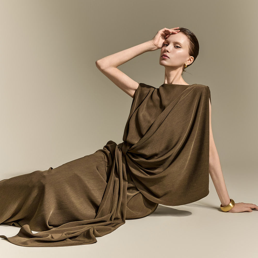 D9632 Boat Neck Draped Dress