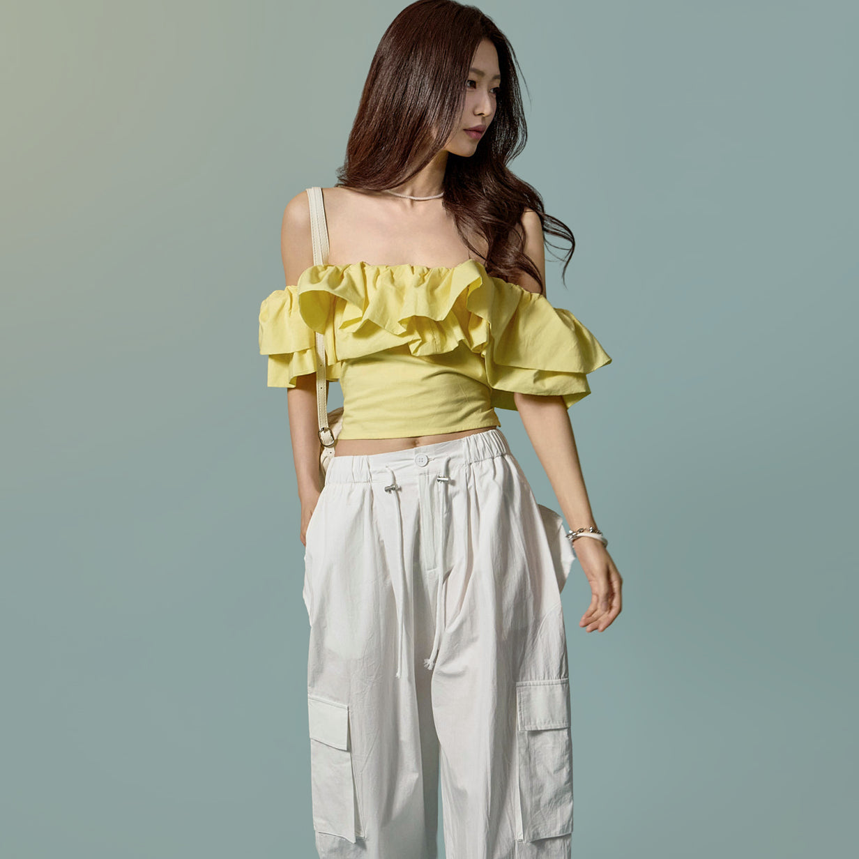 B3192 Shirred Off-Shoulder Blouse