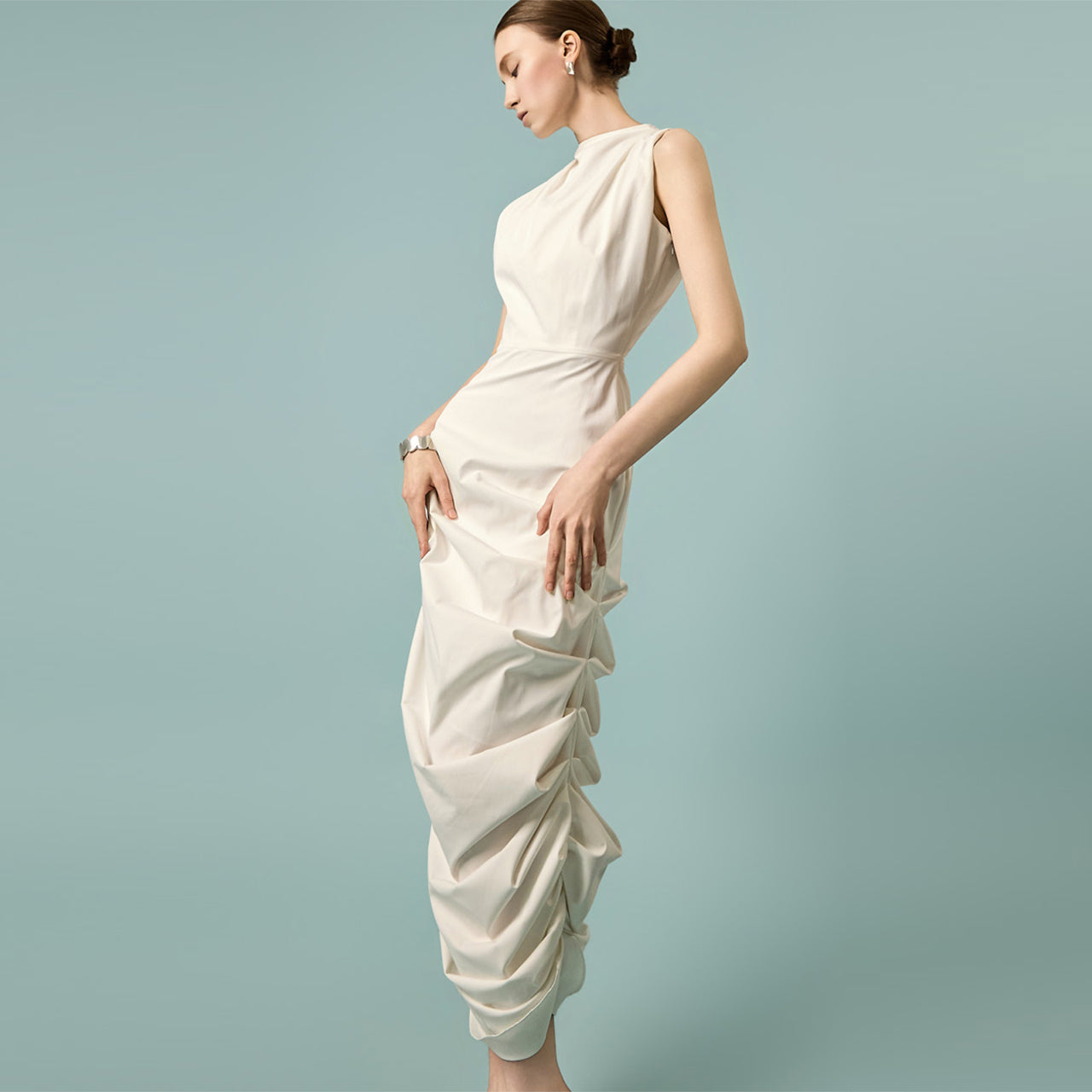 D9605 Shirred Drape Asymmetrical Dress