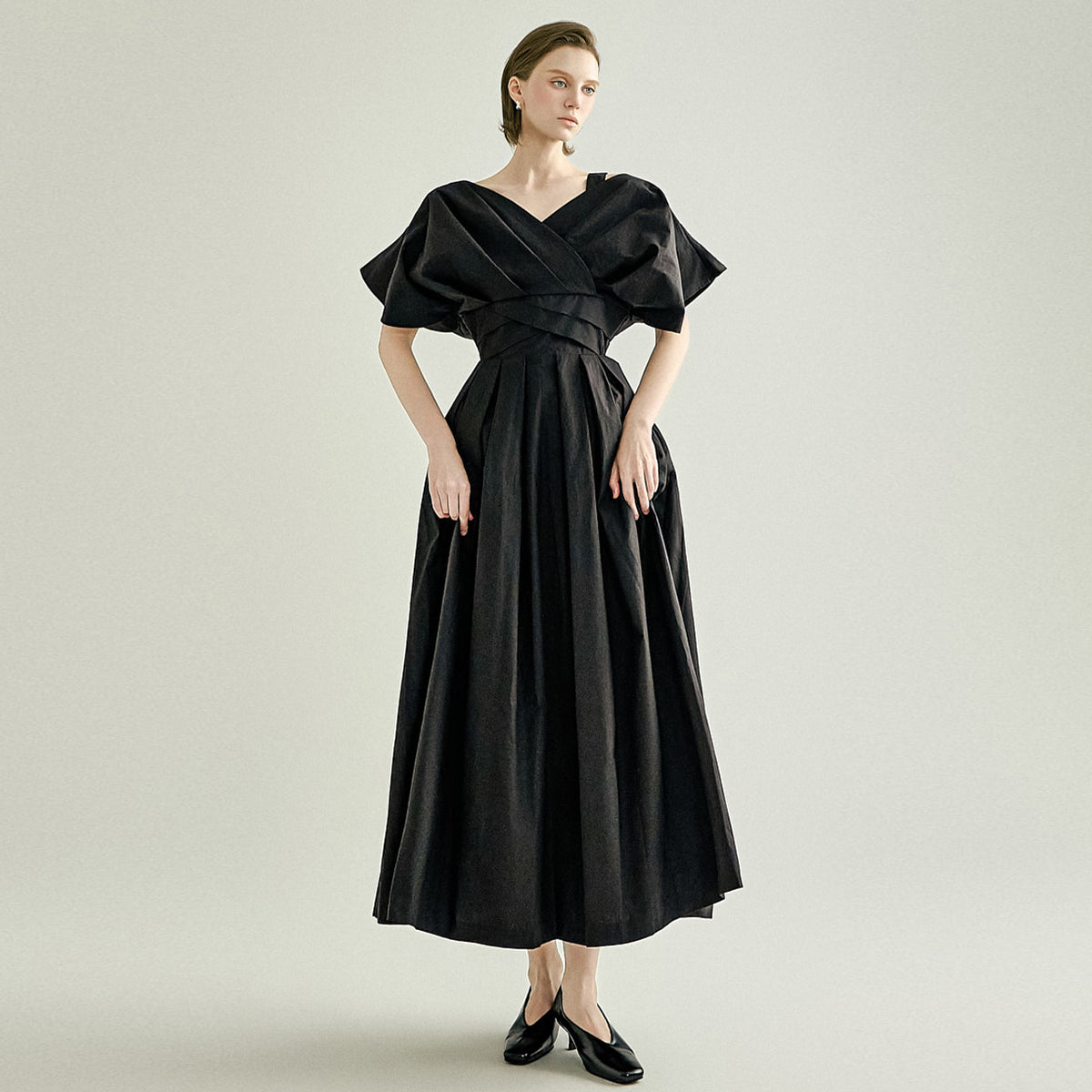 D9648 Drape Wrap Flare Dress