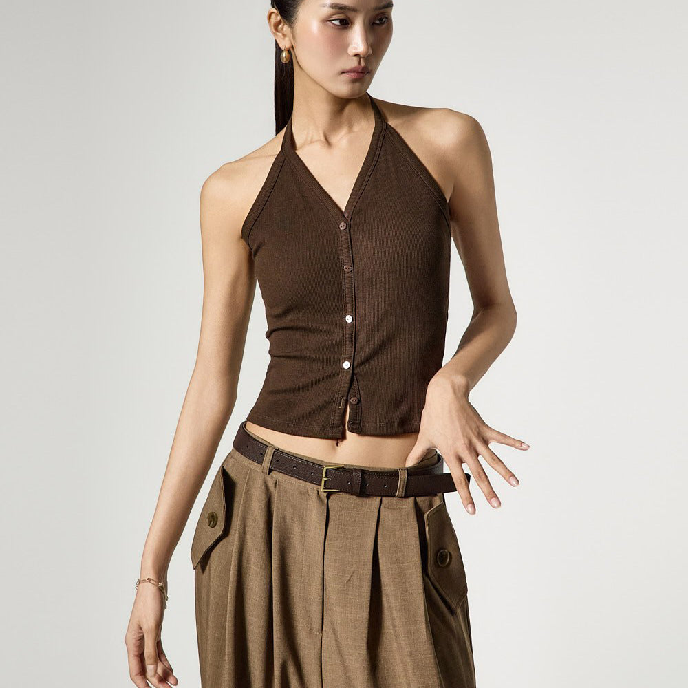 E4189 Halter Neck Button Sleeveless Top