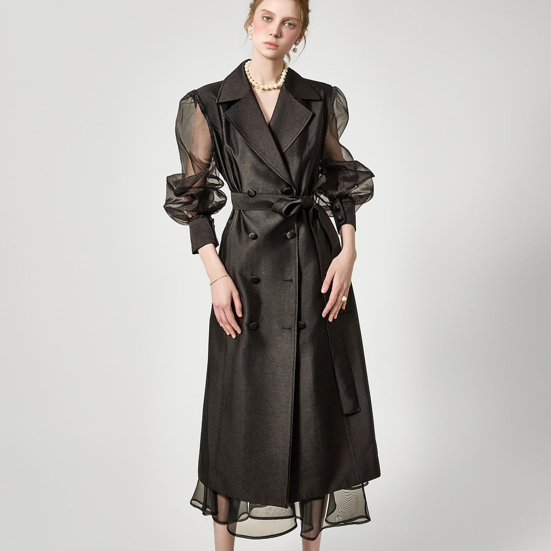 J3160 Sheer Sleeve Trench Coat