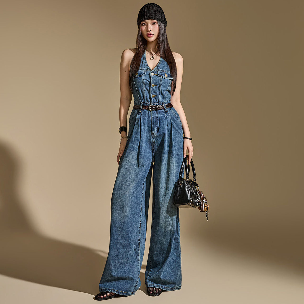 JS067 Denim Halter Neck Jumpsuit