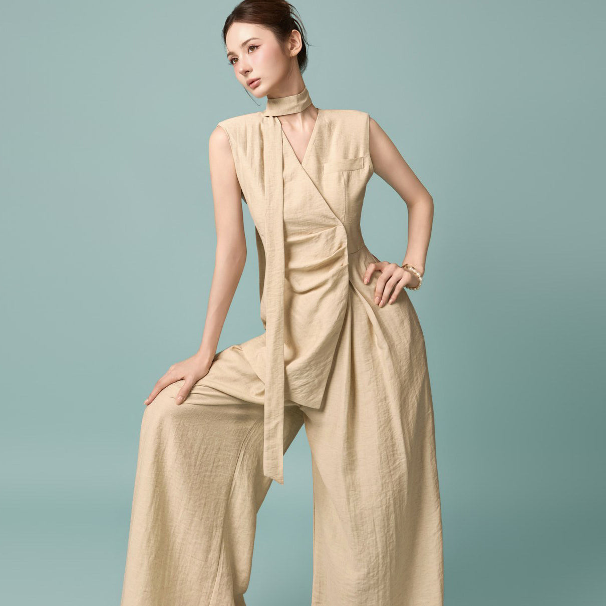 JS071 Linen Tie Wrap Jumpsuit