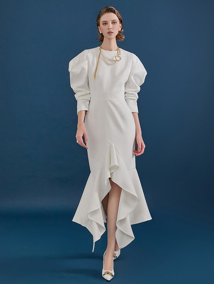 D9285 Puff Sleeve Slim Ruffle Point Unbalance Dress