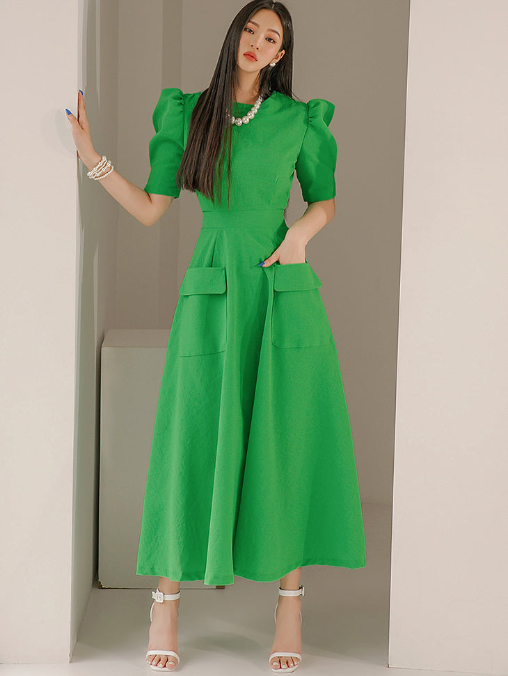 D4470 Balloon Sleeve Pocket Dress