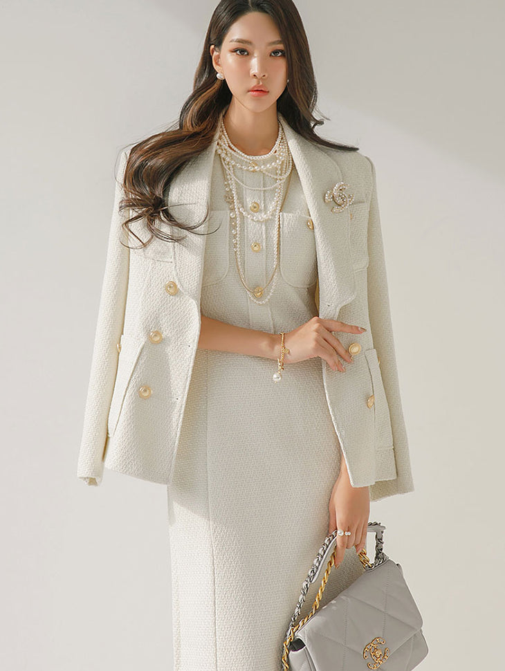 J1616 Tweed Shawl Collar Double Button Jacket