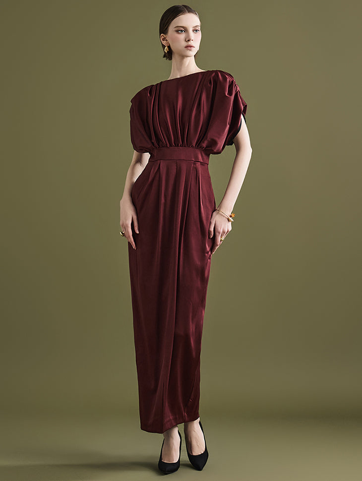 D9286 Shirring Pintuck Raglan Long Dress
