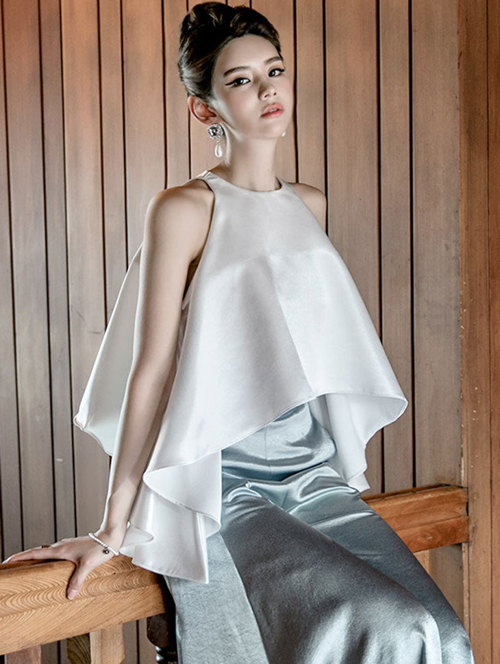 B9089 Glossy Halter Neck Asymmetric Blouse