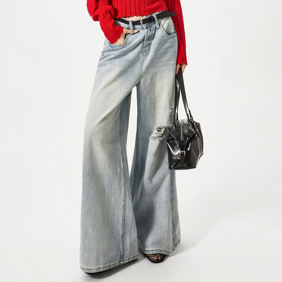PJ638 Damaged Wash Wide Jeans