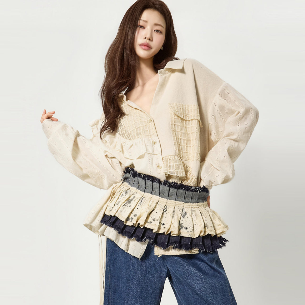 S857 Frill Mix V-Neck Shirts