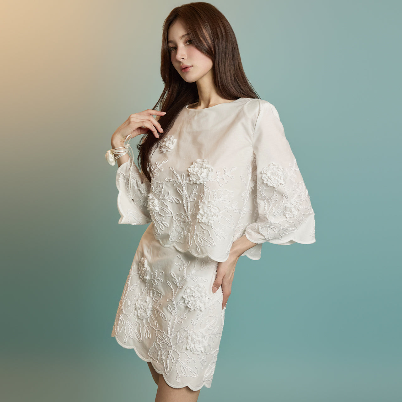 TP2135 Embroidered Blouse and Skirt Set