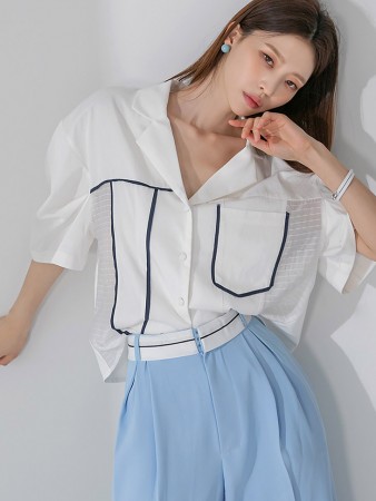 S483 线条点缀泡泡袖衬衫 Korea