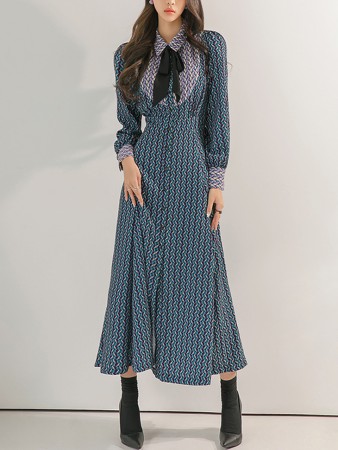 D3464 泡泡袖图案混合中长连衣裙(领带套装) Korea