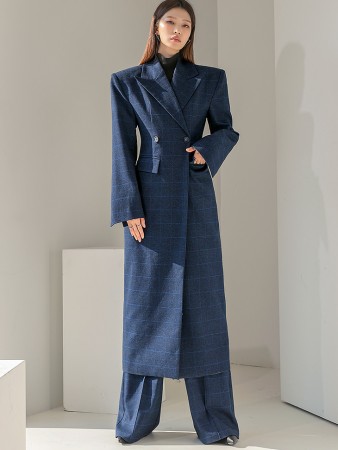J9211 格倫格子羊毛雙排扣修身超長外套 Korea