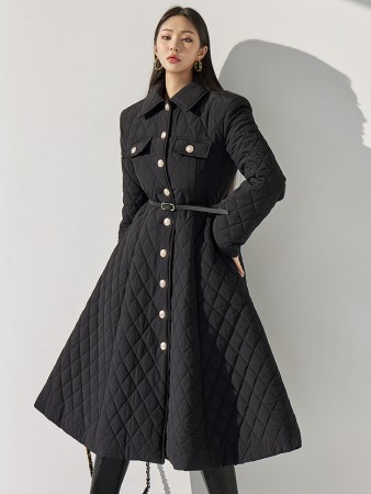 D4615 绗缝A字长外套连衣裙（腰带套装） Korea