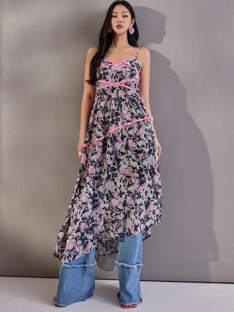 D4650 印花贴带无袖连衣裙 Korea