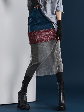 SK9172 裂纹皮革配色透视中长裙 Korea