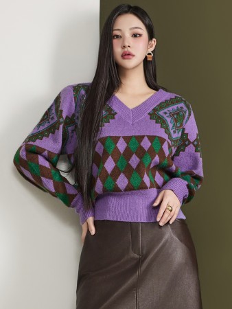 E3211 民族V领垫针织衫 Korea