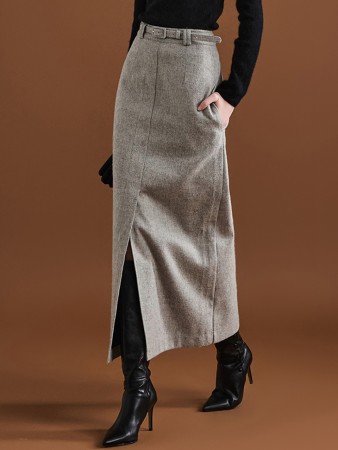 SK2624 羊毛开衩长裙（腰带套装） Korea