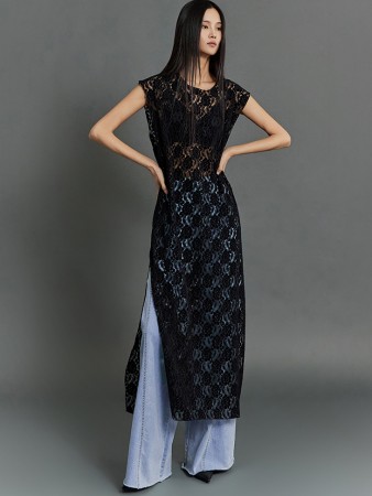 D4822 天鹅绒蕾丝叠层长连衣裙 Korea