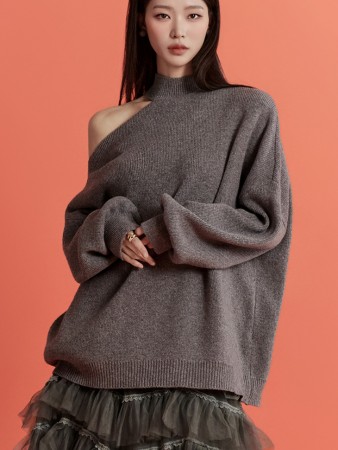 E3265 羊毛肩部镂空宽松长针织衫 Korea