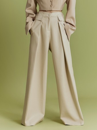 P2972 皮革细褶宽幅可弯曲裤子 Korea