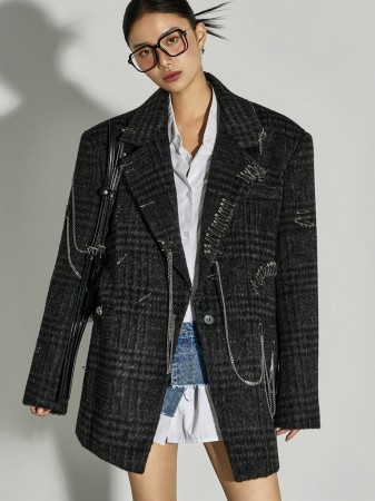 J9337 羊毛胸針格子夾克 Korea