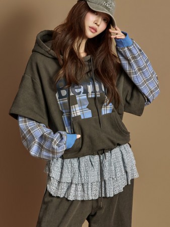 E4026 层叠式 加絨 帶帽 運動服 Korea