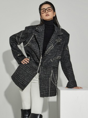 J9337 羊毛胸針格子夾克 Korea