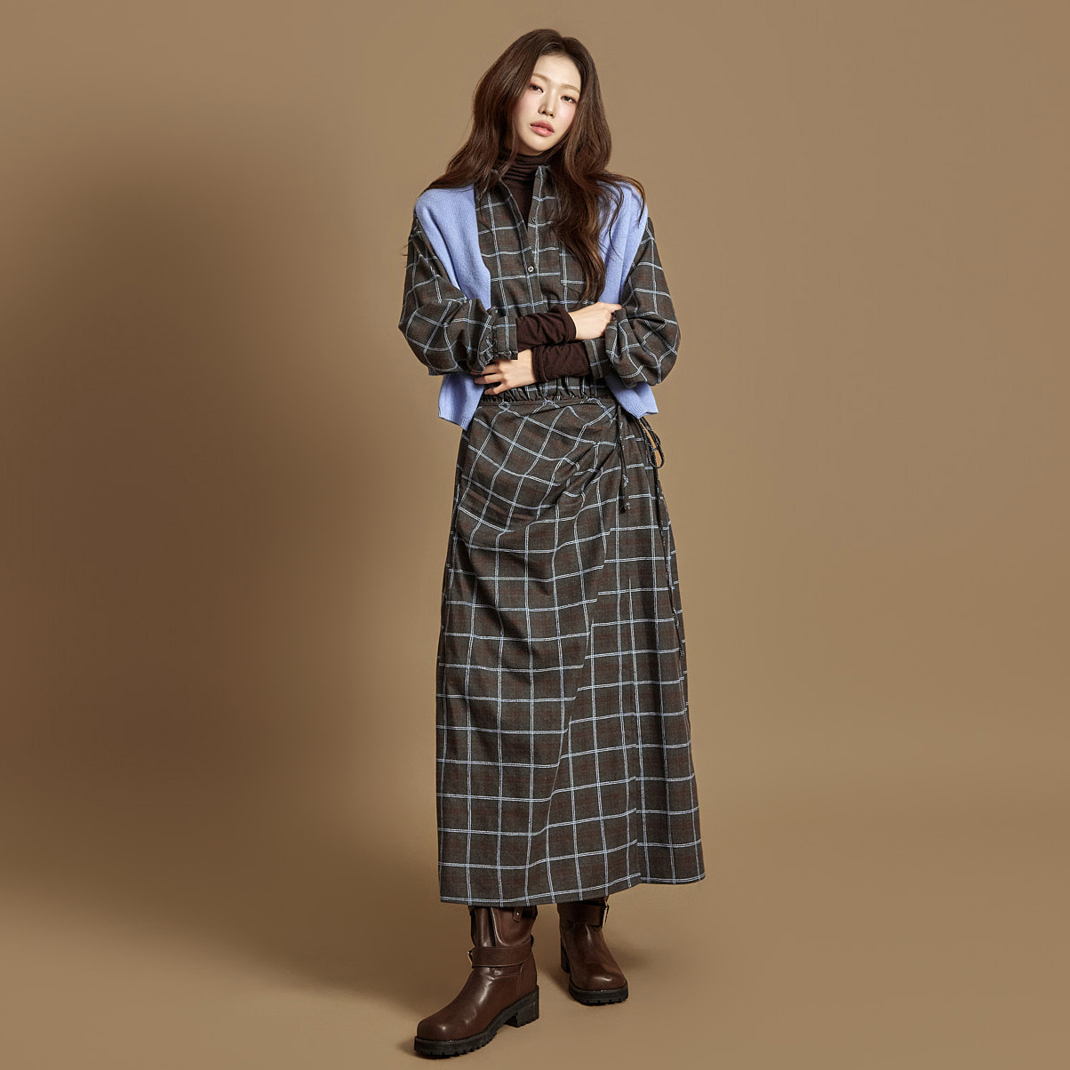 D5388 格子绑带衬衫连衣裙