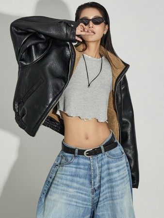 J2952 皮革 shearling jacket 毛衣外套 Korea