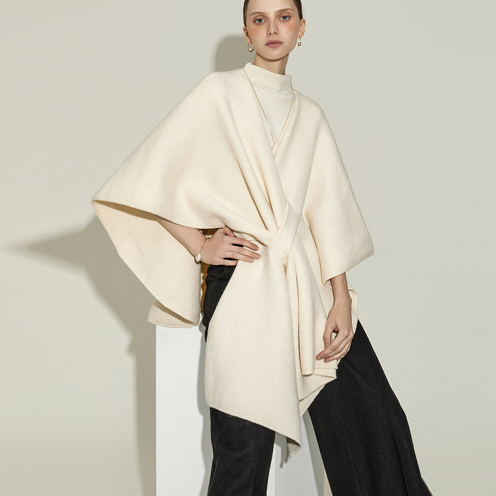 J2957 悬垂领绑带针织披肩